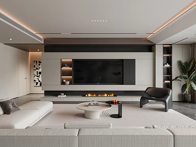 Modern Living Room Interior Design With White Sofa Round Coffee Table Fireplace And Black Chair 3d model