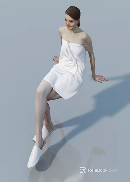 Young Woman Wearing White Towel Dress And Slippers On Light Background With Shadow 3d model 
