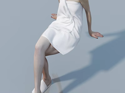 Young Woman Wearing White Towel Dress And Slippers On Light Background With Shadow 3d model