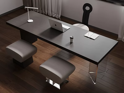 Modern Black Desk Workspace With Laptop Table Lamp Coffee Cup Notebook And Stools 3d model