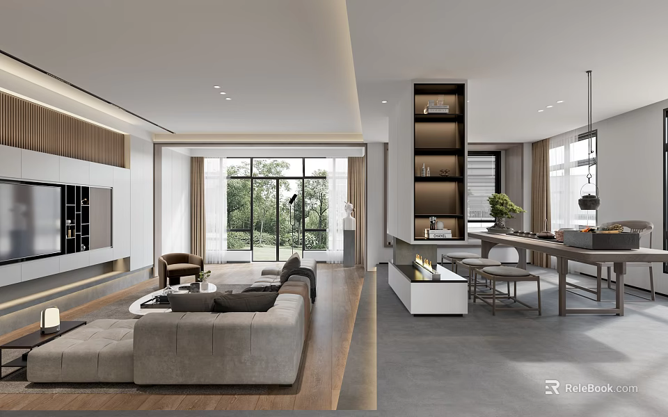 Modern Open Concept Living Dining Room With Sofa Dining Table And Natural Light 3d model