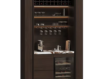 Luxury Dark Wood Wine Cabinet With Wine Racks Glass Holders And Marble Countertop 3d model