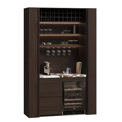 Luxury Dark Wood Wine Cabinet With Wine Racks Glass Holders And Marble Countertop 3d model