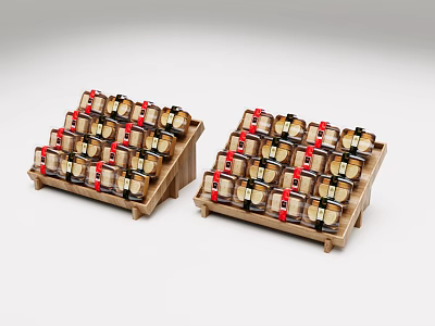 Elegant Tableware Set Featuring Glass Jars With Red Black Accents On Wooden Trays 3d model