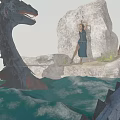 Game Movie Female Character Standing on Rock With Black Dragon and Ocean Waves