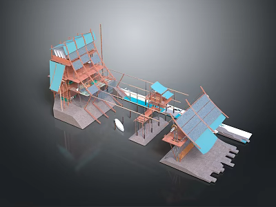 Scenic Traditional Village Landscape with Blue Roofs Wooden Structures and Connected Walkways 3d model