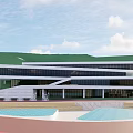 Modern School Building With Geometric White Structure Green Hillside And Open Square