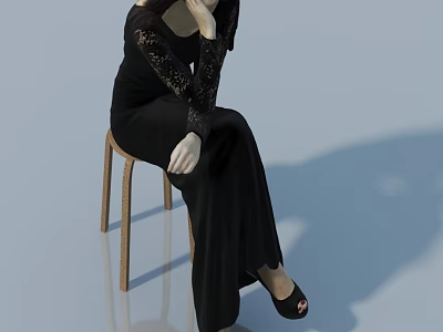 Elegant Woman In Black Dress With Lace Sleeves Sitting On Wooden Chair 3d model