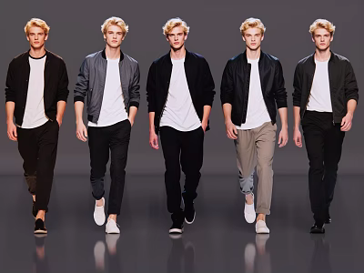 Group of Men Models Showcasing Fashionable Jackets And Pants While Walking 3d model
