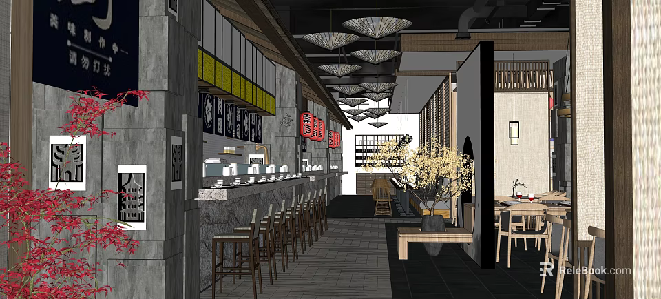Restaurant Interior Design With Long Counter Food Display Stools Pendant Lights And Decorative Plant 3d model 
