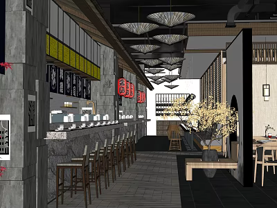 Restaurant Interior Design With Long Counter Food Display Stools Pendant Lights And Decorative Plant 3d model