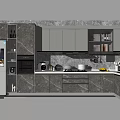 Modern Kitchen Interior With Gray Cabinets Appliances Countertop And Hanging Cooking Utensils