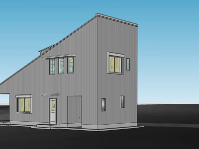 Modern Public Office Space Exterior With Gray Sloped Roof Windows And Door Design 3d model