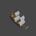 Classic Sailing Ship With Multiple Masts White Sails Wooden Hull And Red Flag 3d model