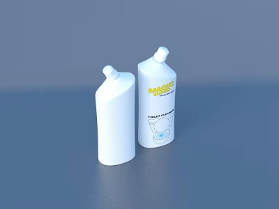 Two White Toilet Cleaning Bottles With Yellow Label Magic Brand And Toilet Icon 3d model