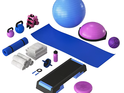 Complete Fitness Equipment Collection With Exercise Ball Yoga Mat Kettlebells Step Platform And Foam Roller 3d model