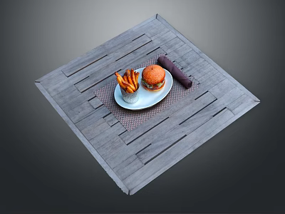 Delicious Hamburger With Fries On White Plate Over Gray Wooden Placemat 3d model