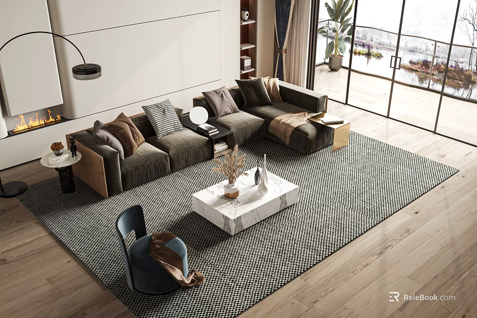 Modern Living Room L Shaped Sofa And Coffee Table Set With Decorative Items 3d model 