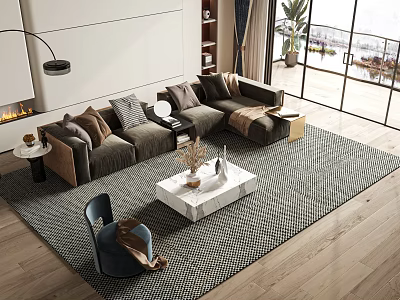 Modern Living Room L Shaped Sofa And Coffee Table Set With Decorative Items 3d model