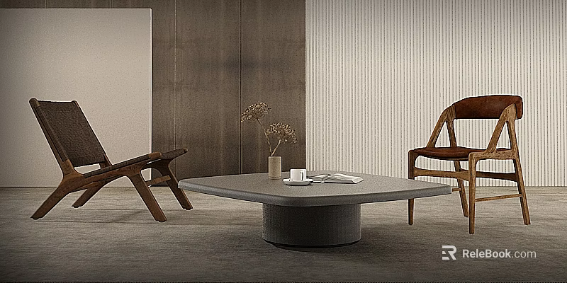 Gray Square Coffee Table And Wooden Chairs With Small Vase And Book On Top 3d model 