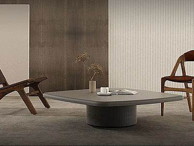 Gray Square Coffee Table And Wooden Chairs With Small Vase And Book On Top 3d model