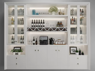 Modern White Wine Cabinet With Glass Doors Wine Bottles Glasses Coffee Machine And Decorative Plants 3d model