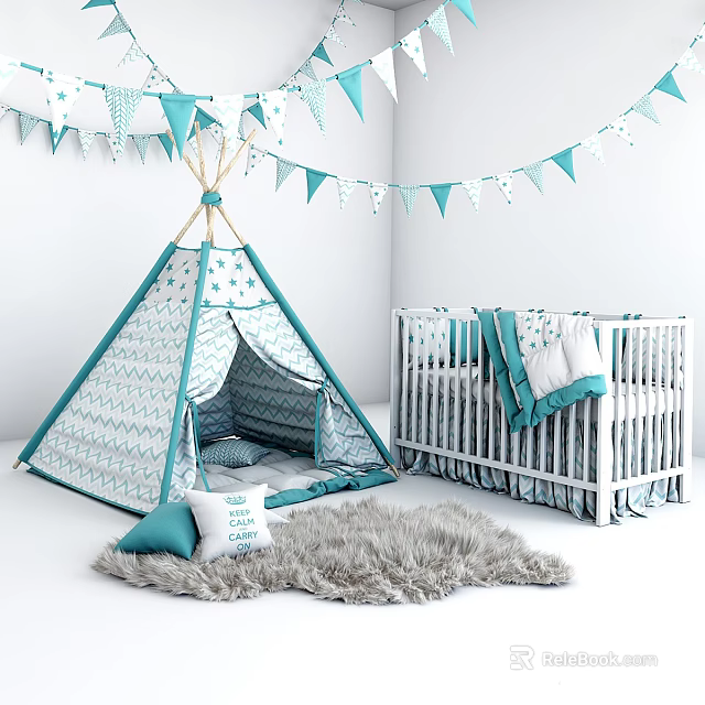Kids Bed with Teepee Blue and White Patterns Bunting Flags and Furry Rug 3d model 