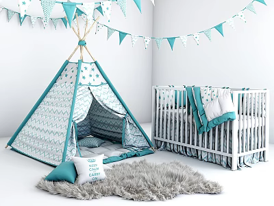 Kids Bed with Teepee Blue and White Patterns Bunting Flags and Furry Rug 3d model