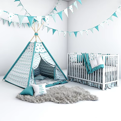 Kids Bed with Teepee Blue and White Patterns Bunting Flags and Furry Rug 3d model