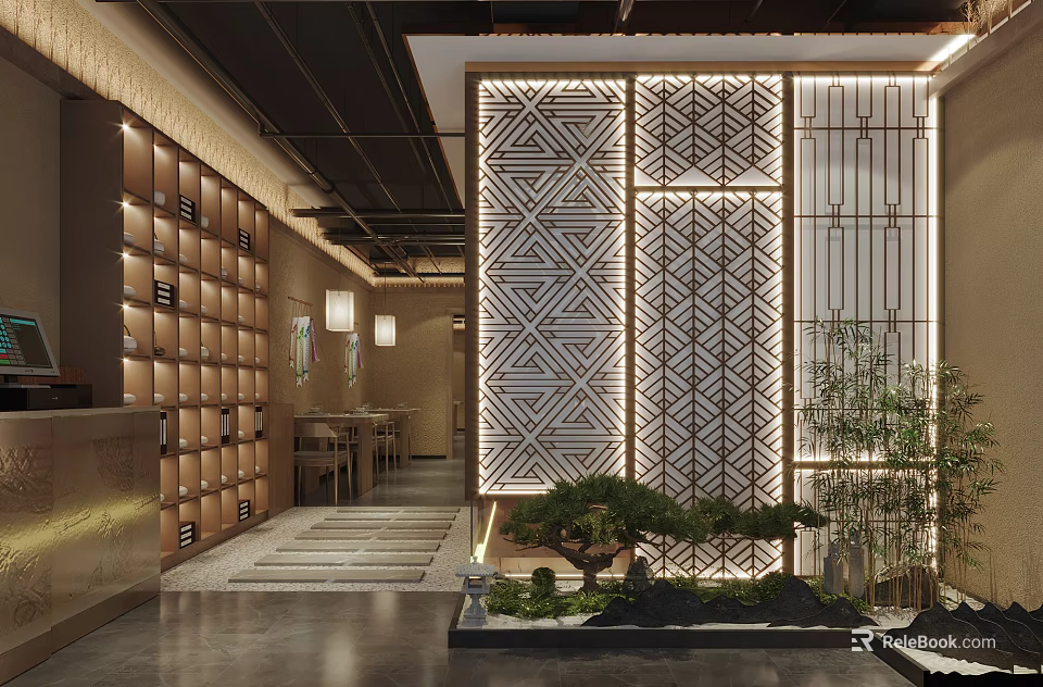 Elegant Modern Restaurant Interior With Geometric Pattern Screen Green Plants And Soft Lighting 3d model