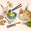 Assorted Asian Food Ingredients and Tools Including Noodles Banana Cookies Vegetables and Steamed Buns