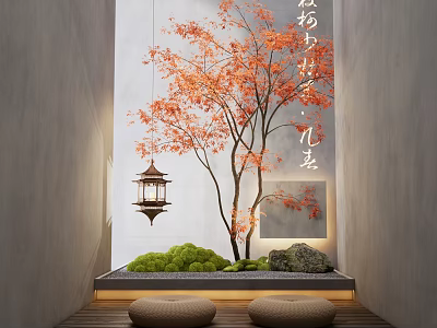 Indoor Landscape Design with Red Maple Tree Lantern Moss Stones and Round Cushions 3d model
