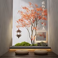 Indoor Landscape Design with Red Maple Tree Lantern Moss Stones and Round Cushions