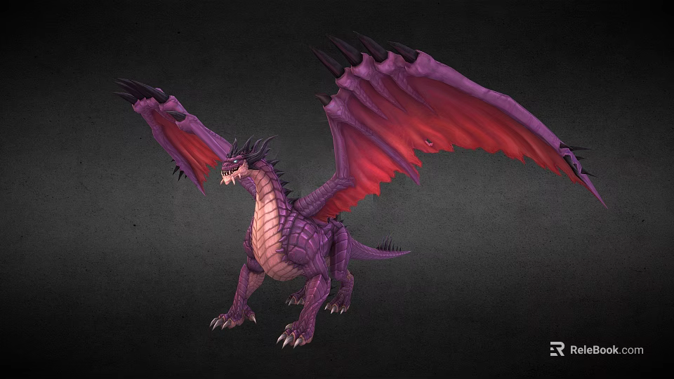 Fantasy Dragon Character With Purple Body Red Wings And Sharp Claws In Game 3d model 