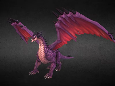 Fantasy Dragon Character With Purple Body Red Wings And Sharp Claws In Game 3d model