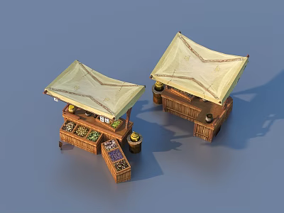 Wooden Stalls With Canopies Displaying Daily Necessities Baskets Jars And Household Items 3d model