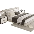 Double Bed with Upholstered Headboard White Sheets Pillows Dark Blanket Bedside Tables Lamp and Rug