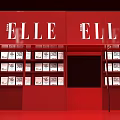 Red Art Installation Featuring ELLE Logo With Display Shelves Holding Items 3d model