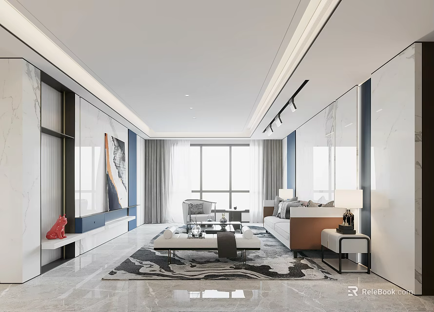Modern Living and Dining Room Interior Design With Sofa Coffee Table And Area Rug 3d model 