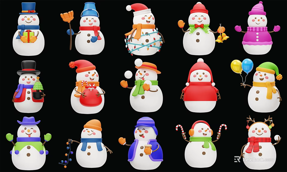 Colorful Snowman Landscape Sculptures with Various Hats Scarves and Holding Decorative Items 3d model 