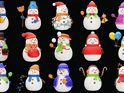 Colorful Snowman Landscape Sculptures with Various Hats Scarves and Holding Decorative Items 3d model