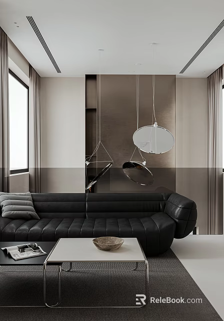 Modern Living Room With Black Leather Sofa Gray Cushions And Circular Pendant Lights 3d model 