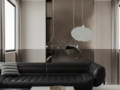 Modern Living Room With Black Leather Sofa Gray Cushions And Circular Pendant Lights 3d model