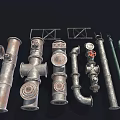 Various Types of Rusty Industrial Metal Pipes with Fittings Brackets and Supports
