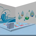 Vibrant Interior Space With Blue Wave Wall Art Water Drop Decorations And Colorful Mat