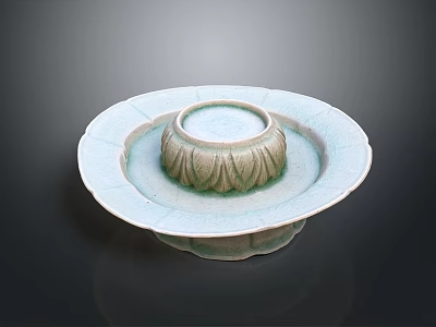 Elegant Celadon Plate And Bowl With Intricate Carved Lotus Pattern Design 3d model