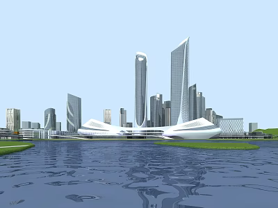 Modern Urban Skyline With Unique Architectural Structures Water Reflections And Green Areas 3d model