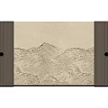 Elegant TV Wall Design with Beige Mountains Pattern Brown Cabinets and Golden Handles