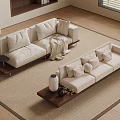 Modern Open Living Room Interior With Beige Sofas Area Rug And Fireplace