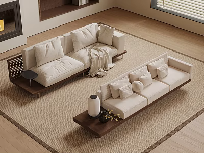 Modern Open Living Room Interior With Beige Sofas Area Rug And Fireplace 3d model